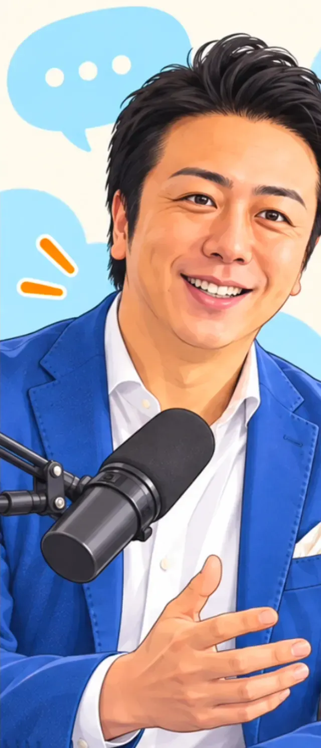 Lukisan Soichiro Takashima tersenyum di depan mikrofon