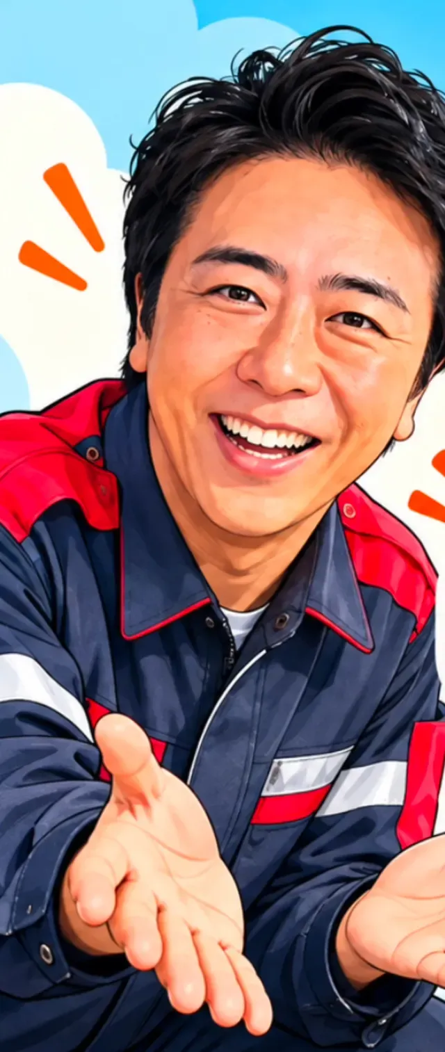 Gambar Pak Soichiro Takashima tersenyum dengan tangan terbuka lebar